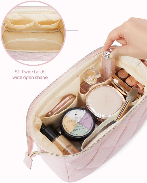 Telena Puffer Makeup Bags for Women, Nylon Puffy Padded Make Up Bags for Women Makeup Organizer Case, Wide-open Makeup Pouch Travel Essentials...