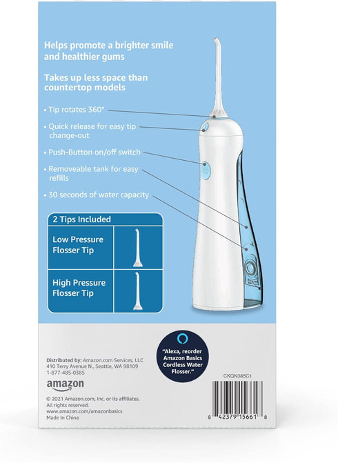 Amazon Basics HydroClean Cordless Water Flosser, 1 Handle, 2 Flosser Tips, 2 AA batteries included...