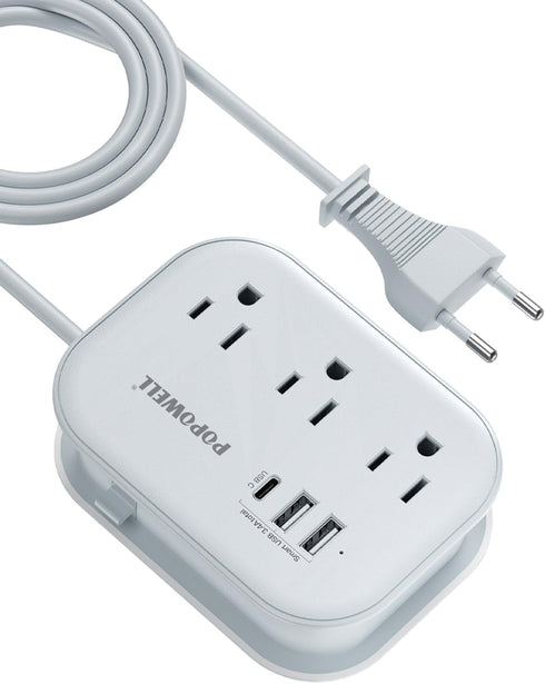 European Travel Plug Adapter USB C, Popowell International European Plug Adapter, 4 FT Travel Power Strip with 3 Outlets & 3 USB, Type C Power Ada...