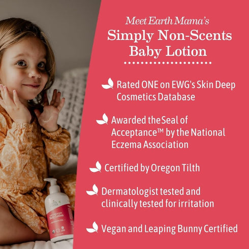 Earth Mama Simply Non-Scents Baby Lotion for Dry Skin, Calendula Cream, Skin Care for Kids, Organic Moisturizer, Unscented Lotion with Aloe, Rooib...