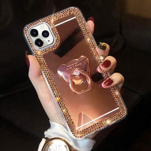 LUVI Mirror Case for iPhone 12/iPhone 12 Pro 6.1 inch Bling Diamond Glitter Case with Bear Ring Holder Kickstand Stand Rhinestone Crystal Cute for...