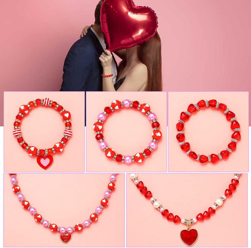 Urwomin 249 Pieces Valentine's Day Beads Jewelry Making for Necklace Bracelet Love Heart Charms Rhinestone Red Beads Assortments for Women Girls D...