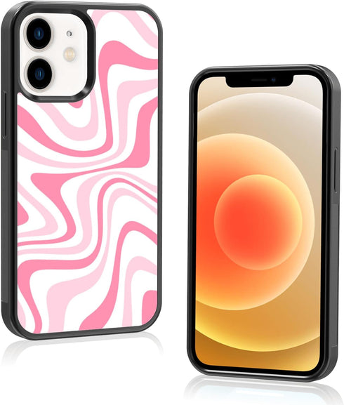 Cute Trendy Aesthetic Pink Water Ripple Wave Pattern Black Phone Case for iPhone 12 Mini Case for Kids Girls Teen Girls Women - 5.4 Inch...