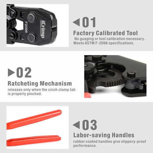 iCrimp Ratcheting PEX Cinch Tool for Fastening Stainless Clamps from 3/8-Inch to 1-Inch with Calibration Gauge Suits ASTM F2098 and Non F2098 Ear ...