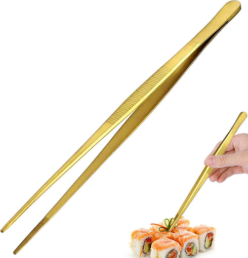 Tongs Tweezers - 12 Inch / 30cm Long Food Tongs Straight Serrated Forceps Cocktail Tweezers Bar Tool Gold...