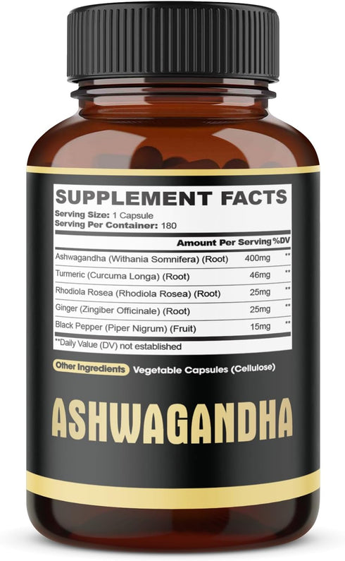 5in1 Premium Ashwagandha Capsules - Added Turmeric, Rhodiola Rosea, Ginger, Black Pepper - Strength, Spirit & Immune Support - 180 Caps for 6 Mont...