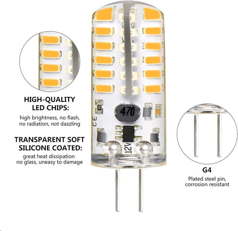 G4 LED Bulbs 12V 3W Bi-Pin LED Light Bulbs 48×3014 SMD 20W Halogen Bulb Replacement Silicone Coated Shatterproof 220 Lumens 360° Beam Angle AC/DC ...