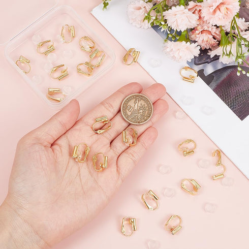 1 Box 24Pcs Real 18K Gold Plated Clip Earring Converter Clip Earrings Findings Brass Painless Non Pierced Earring Converter with Pads Earring Clip...