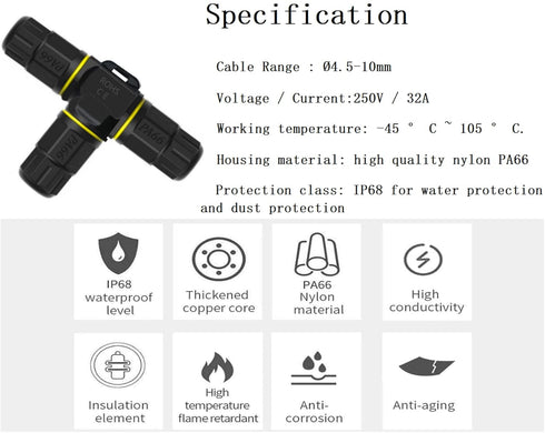 3 Way Junction Box IP68 Waterproof Electrical Junction Box 3 Pin Junction Box Outdoor Cable Connector for Underground/Outdoor Ø0.18-0.4in, Shielde...