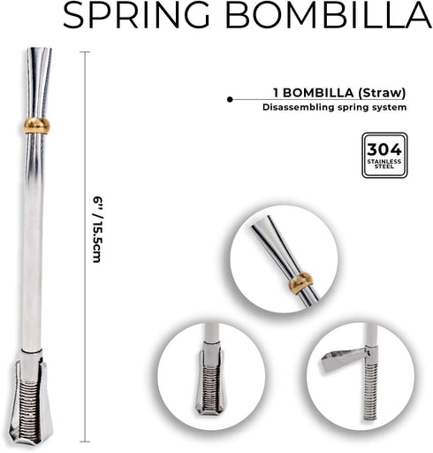 Stainless Steel Yerba Mate Spring Bombilla (Straw) Made In Argentina, with bronze heat difusor. Unique disassembling spring system for easy cleani...
