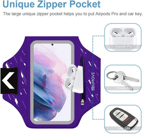 Running Armband with Headset Bag for Samsung Galaxy S25, S24, S23,S22,Zipper Slot Car Key Holder, Workouts Sports Phone Arm Band (Purple)...