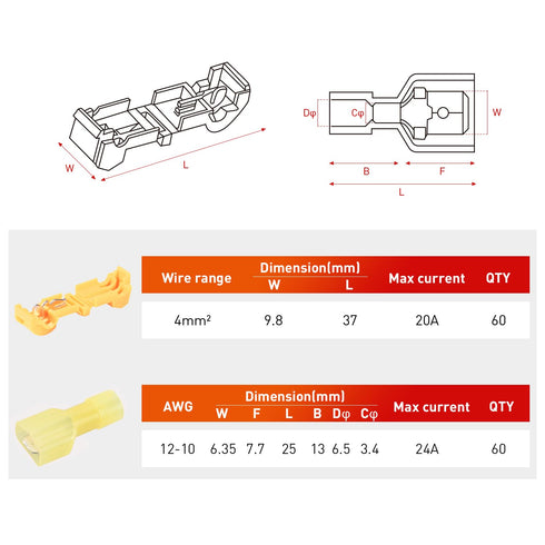 Nilight 120PCS/60 Pairs Quick Splice Disconnect Wire Terminals T-Tap Spade Wire Connectors Yellow 12-10 AWG Male Female Fully Insulated Electrical...