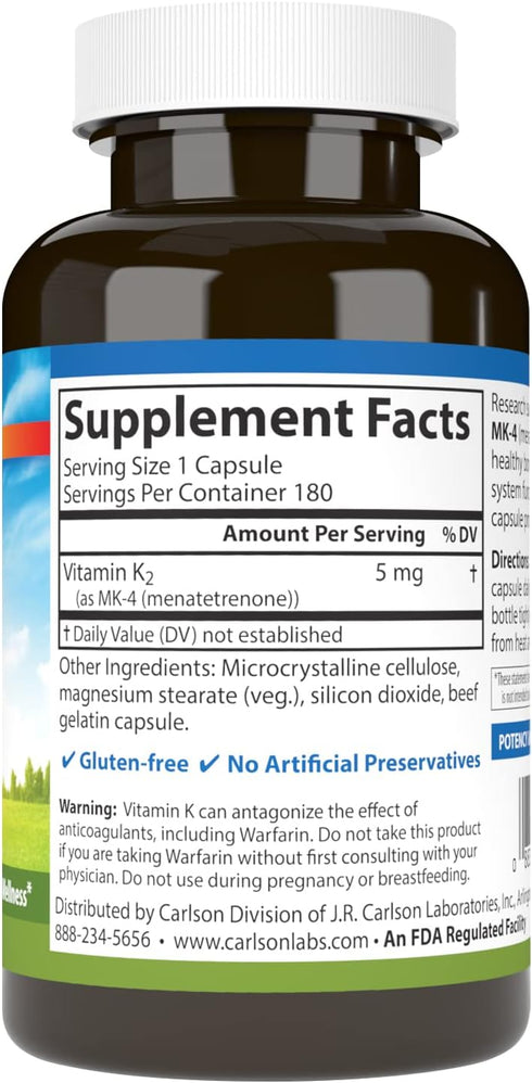 Carlson - Vitamin K2 MK-4 (Menatetrenone), 5 mg, Vitamin K Supplement, Bone Support, K2 Vitamin, Soy-Free, Vitamin K-2, 180 Capsules...
