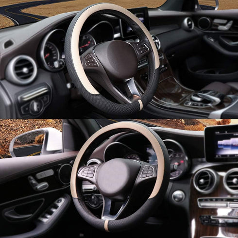 COFIT Breathable Car Steering Wheel Cover 15 inch Auto Universal Leather Wrap Non-Slip Steeringwheel Protector Automotive Interior Accessories, Be...