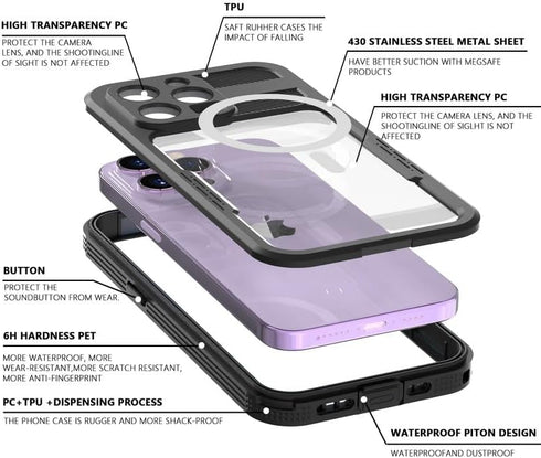 for iPhone 15 5G Waterproof Case,Compatible with Magsafe,Hybrid Rugged Shockproof Full Body Protective,with Lanyard,Clear Lens/Screen Protector Co...