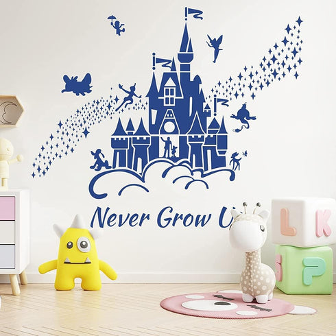 Supzone Castle Wall Stickers Fairy Tale Castle Never Grow Up Quotes Stars Wall Decor for Baby Nursery Room Kids Bedroom Wall Decal-Navy Blue...