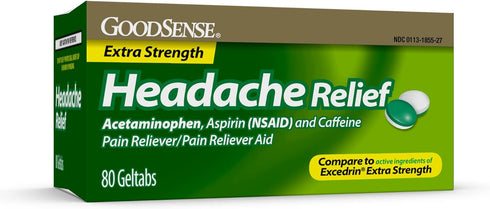 GoodSense Extra Strength Headache Relief Geltabs, Acetaminophen, Aspirin (NSAID) and Caffeine, 80 Count...