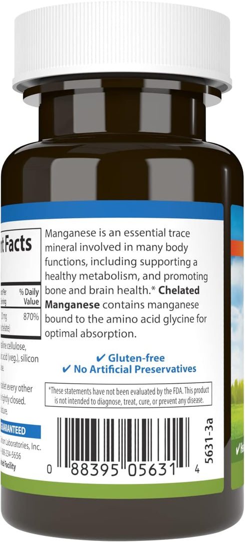 Carlson - Chelated Manganese, 20 mg, Superior Absorption, Healthy Metabolism, Bone Support & Brain Health, 100 Tablets...