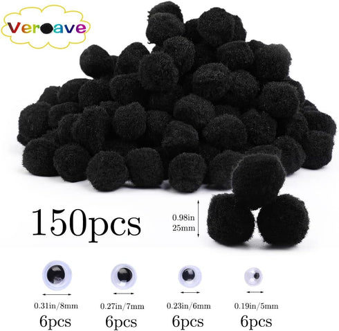 Veroave 150 Pieces Pom Poms 1 Inch Black,Small Pom Poms for Crafts, Puff Balls, Arts and Craft Pom Pom Balls for DIY Art Creative Crafts Decoratio...