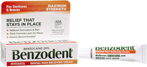 Benzodent Dental Pain Relieving Cream for Dentures and Braces, 0.25 oz tube (Pack of 3)...