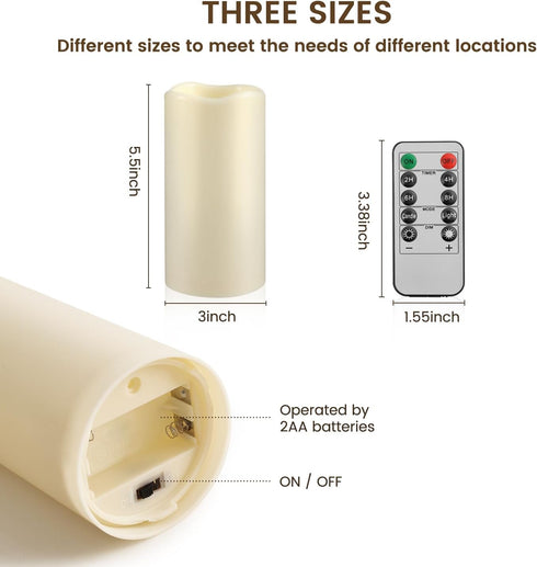 Waterpoof Flameless Remote Control Candles 2PACK(D3''*H5.5'')Battery Operated Flickering LED Pillar Candle,plastic with 10-Key 24Hours Timer for O...