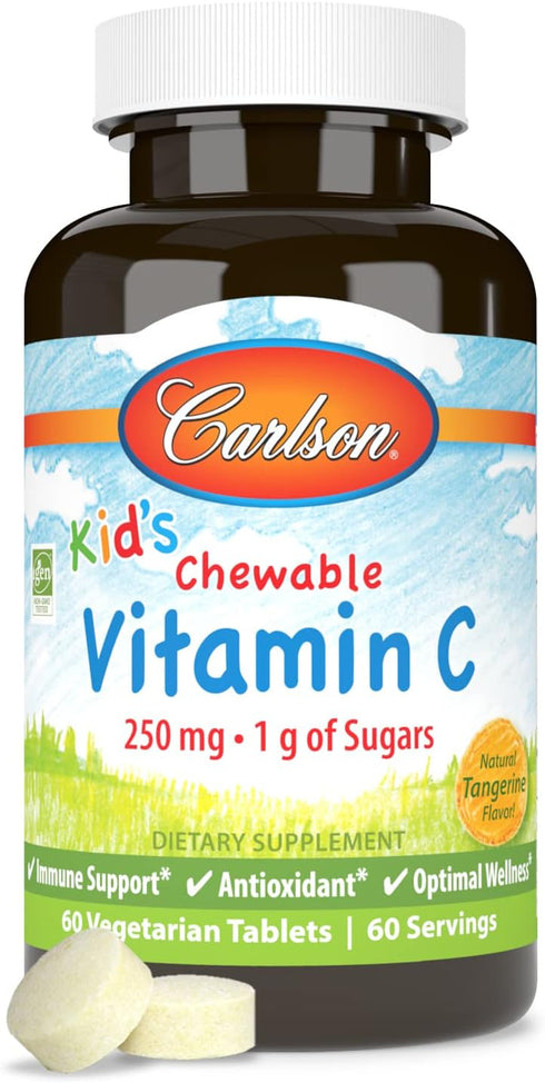 Carlson - Kid's Chewable Vitamin C, 250 mg, 1 g of Sugars, Immune Support & Optimal Wellness, Antioxidant, Tangerine, 60 Vegetarian Tablets...