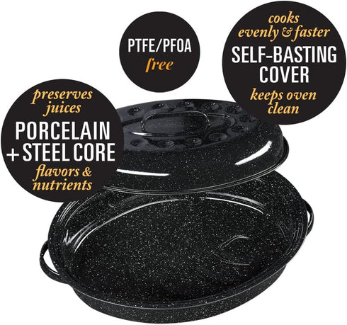 Granite Ware 15-Inch Covered Oval Roaster, 10 Lb Capacity - Enamel Steel Cookware, Dishwasher Safe & PFOA-Free, Even Heat Distribution for Roastin...