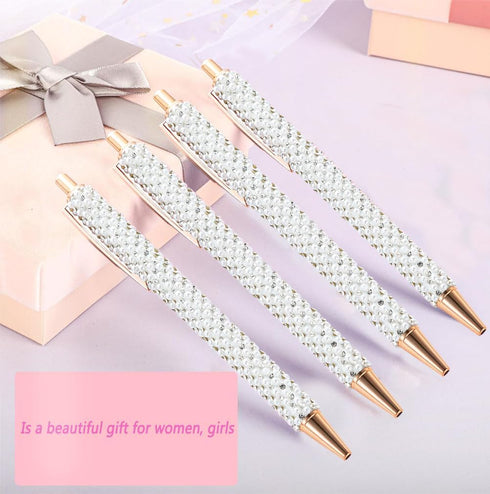 4 Pcs White Pearl Pens Rhinestone Metal Ballpoint Pens Sparkly Crystal Pens Black Ink for Women Girls Office School Supplies...