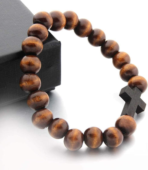 Wooden Cross Wood Beaded Bracelet for Women Men Religious Christian Jewelry Pray Baptism...