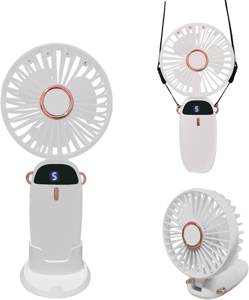 Portable Handheld Fan Small Handheld Fan Type-C Rechargeable 2000mAh Desk Personal Fan 90°Adjustable Neck Fan with 5 Speed Wind LED Display for Ho...