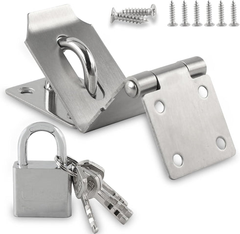 4 Inch Door lock Latch Padlock Hasp Set, 90 Degree Latch Lock with Screws and Padlock Stainless Steel Safety Right Angle Padlock Hasp Locking Latc...