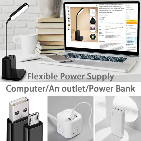 Small Desk Lamps for Home Office with USB Charging Port Pen Holder Battery Display, 3 Modes Reading Desk Light College Dorm Room Essentials for Gu...