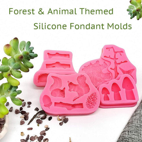 4Pcs/Set Forest Themed Fondant Molds Animal Tree Trunk Squirrel Mushroom Pinecones Lumberjack Gumpaste Chocolate Candy Mold Stump Birthday Cake De...