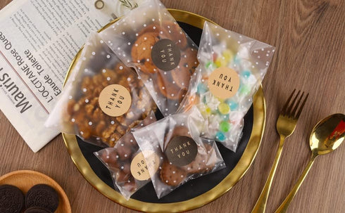 200PACK Self Adhesive Cookie Bags Cellophane Treat Bags Thank You for Gift Giving Candy with Stickers(White Polka Dot, 5.5x5.5 INCH)...