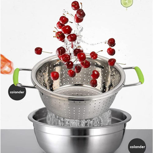 Stainless Steel Deep Colander Micro-perforated 2.5 Quart Metal Food Strainer with Green Silicone Handles for Draining Pasta Cleaning Food like Fru...