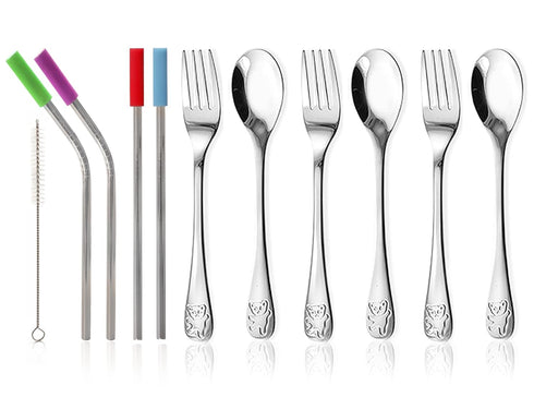 15 Pieces Toddler Kids Utensils Kids Silverware Set Stainless Steel, Safe Baby Utensils 3 Toddler Forks 3 Toddler Spoons 4 Reusable Metal Straws 4...