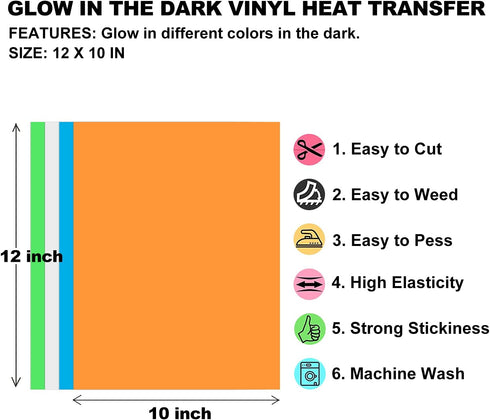 Glow in The Dark Vinyl Heat Transfer for Halloween, 12" x 10" PU Iron on HTV Vinyl Bundle Noctilucent Heat Press, Printable Halloween Glow Vinyl f...