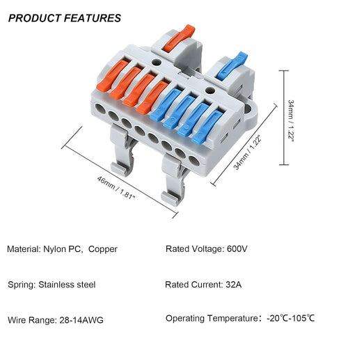 6Set DIN Rail Terminal Blocks, Quick Wiring Cable Connector DIY Splicing Push-in Wire Connectors for Circuit Inline 28-12AWG (2 in 8 Out)...