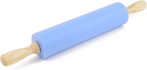 Silicone Rolling Pin Non Stick Surface Wooden Handle (Blue)...