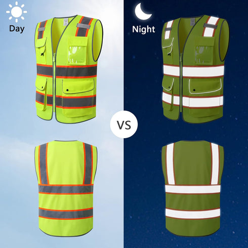Safety Vest with 9 Pockets Class 2 High Visibility Reflective Vest for Women Men Security Work Wear Meets ANSI/ISEA Standards (KZD-Yellow, 2XL)...
