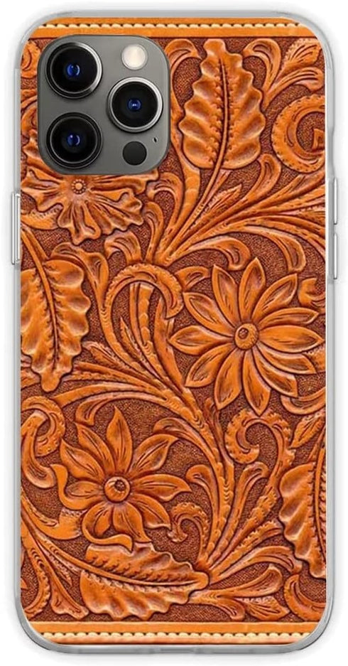 Pure Clear Anti-Scratch Case for iPhone 15 Pro Max Case Print Tooled Prints Brown Leather TPU Phone Case for Men Women Girl boy Funny Living Gift...