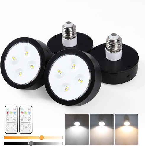 Black Battery Light Bulb, Battery Operated Puck Lights with Remote, AA Battery powered E26 Bulb with Memory Function, dimmable cordless light bulb...