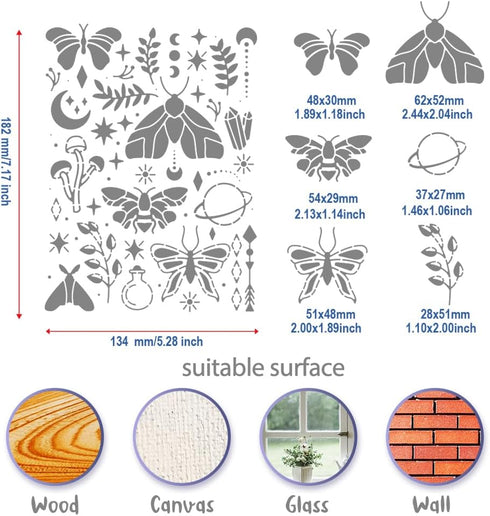 BENECREAT Magical Moths Stencil, Butterfly Mushroom Leaf Templates Stencil for Engraving Wood and Patterns, Lettering, Stainless Steel Journal Ste...