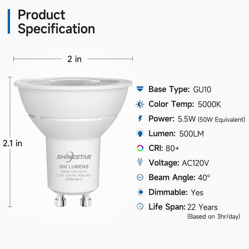 SHINESTAR 6-Pack GU10 LED Bulb, 5.5W (50W Equivalent), Dimmable Recessed Light Bulbs, 5000K Daylight White, 500LM, GU10 Base...