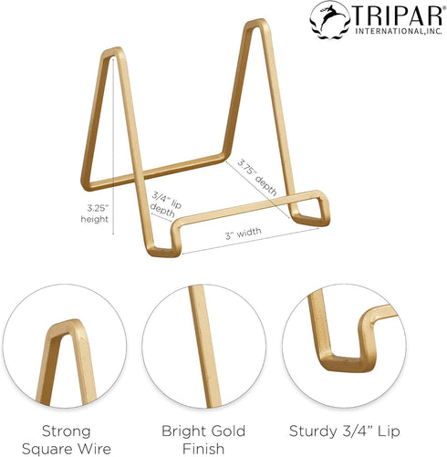 TRIPAR 2-Pack 3-Inch Metal Gold Painted Square Book Holder/Stand, Wire Mini Easel, Small Photo Stands for Table, Display for Picture Frames, Plaqu...