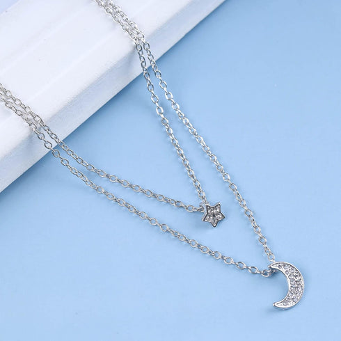 Bohemian Layered Crystal Star Moon Necklace Rhinestone Star Moon Pendant Necklace Silver Crescent Moon Choker Necklace Paved Cz Star Necklace Jewe...
