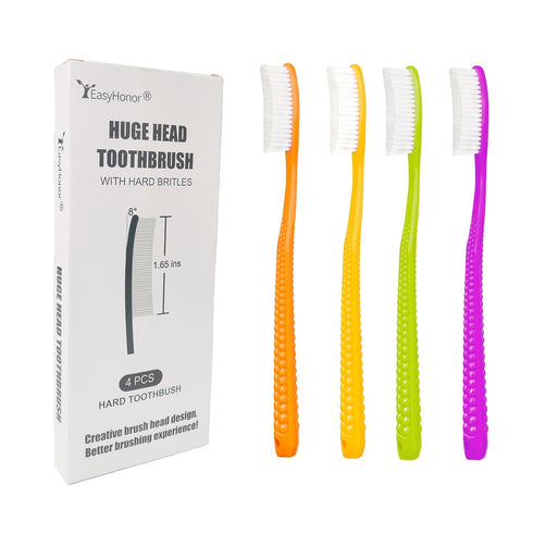 EasyHonor Giant Head Toothbrush, Hard & Firm Bristles BPA Free, 4 Pack White Hard Bristles...