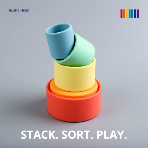 BLUE GINKGO Silicone Stacking Cups - Nesting Cups and Silicone Stacking Toy - Open Ended Montessori Toddler and Baby Stacking Cups - Neutral Baby ...