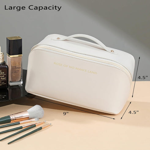 IMCUZUR Travel Makeup Bag Cosmetic Organizer for Women, Portable Skincare Bag for Traveling, Waterproof PU Leather Wide Open Make up Bag (White)...