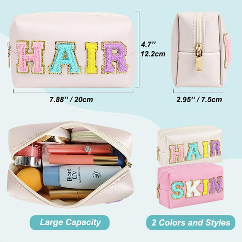 Letter Patch Makeup Bag, 2pcs Faux Leather Preppy Cosmetic Pouches Hair Skin Travel Bags with Chenille Letter for Girls (Pink, Cream)...